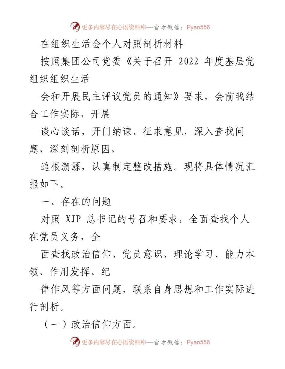 [发言] 组织生活会 - 个人对照剖析与整改措施报告_2.docx_第1页
