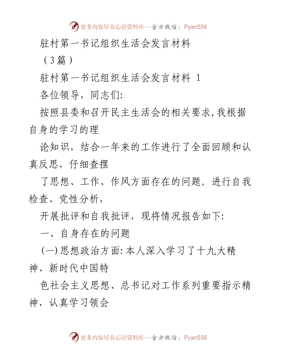 [发言] 组织生活会 - 驻村第一书记的自我反思与问题分析.docx_第1页