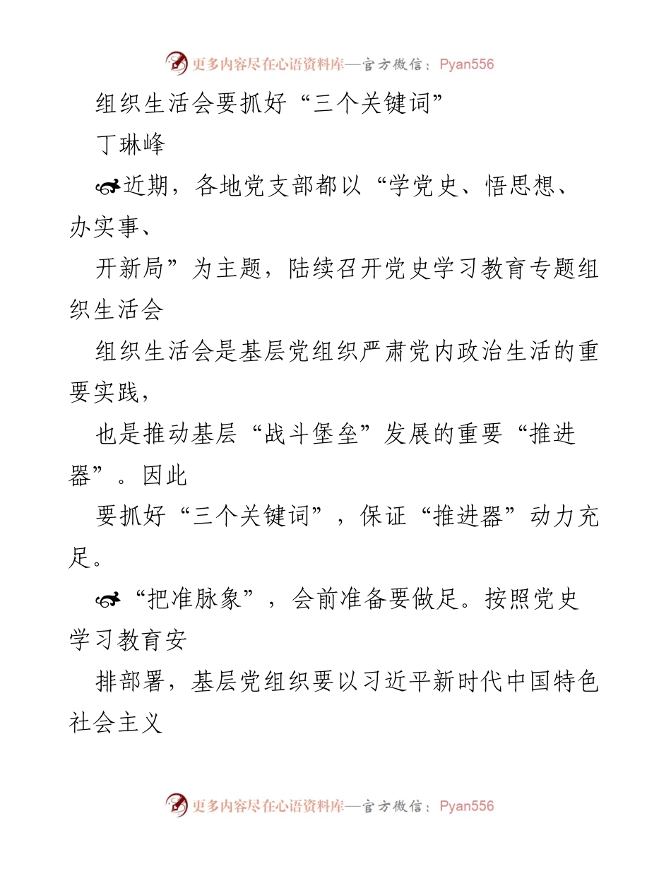 [发言] 组织生活会 - 抓好“三个关键词”，推动基层党组织建设.docx_第1页