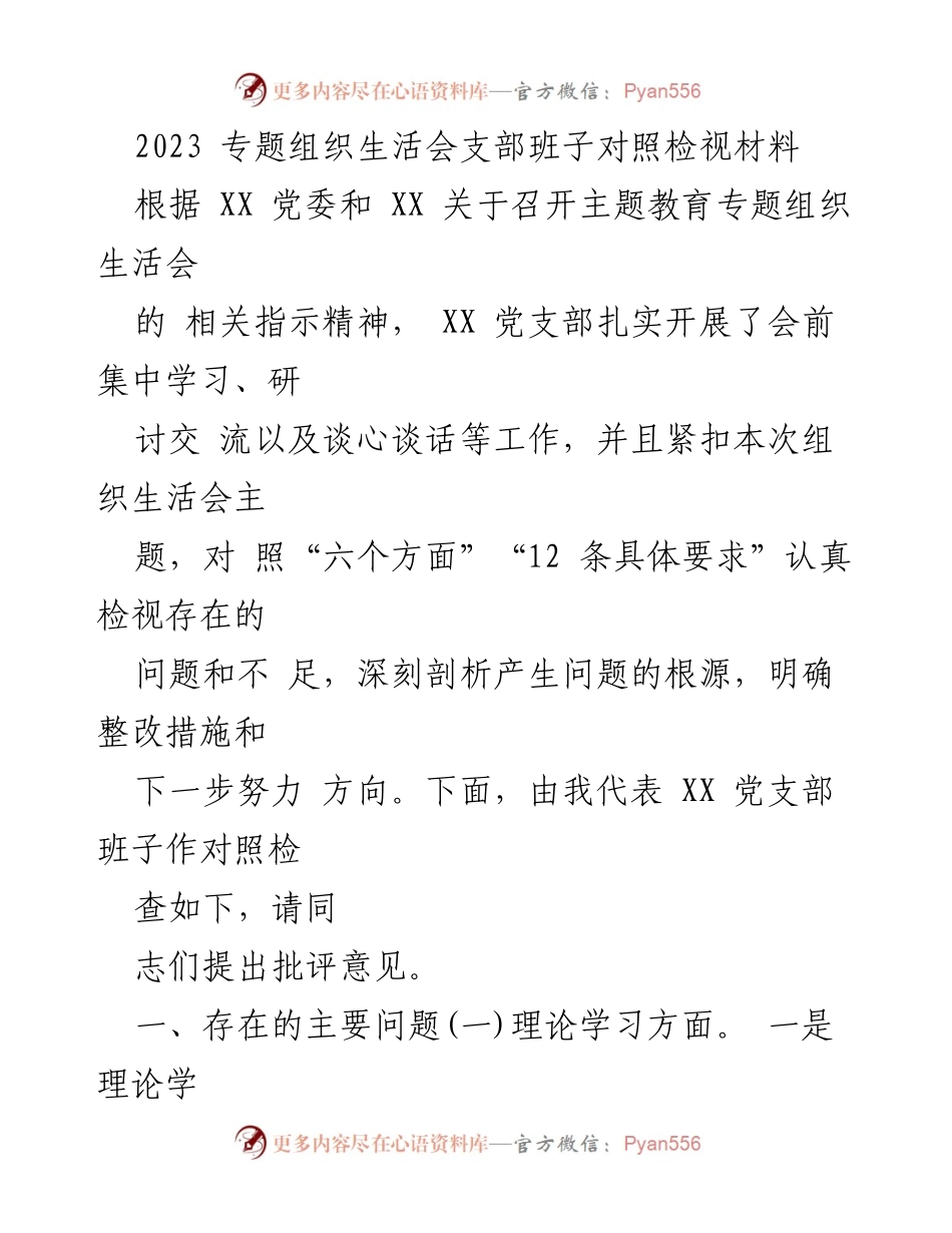 [发言] 组织生活会 - 2023年主题教育专题组织生活会支部班子对照检视材料.docx_第1页