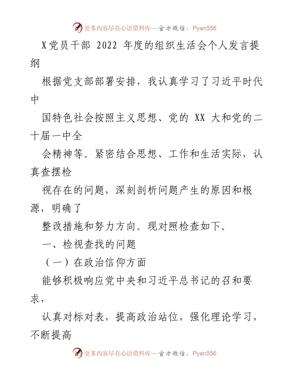 [发言] 组织生活会 - 2022年度党员干部个人发言提纲与问题检视.docx_第1页