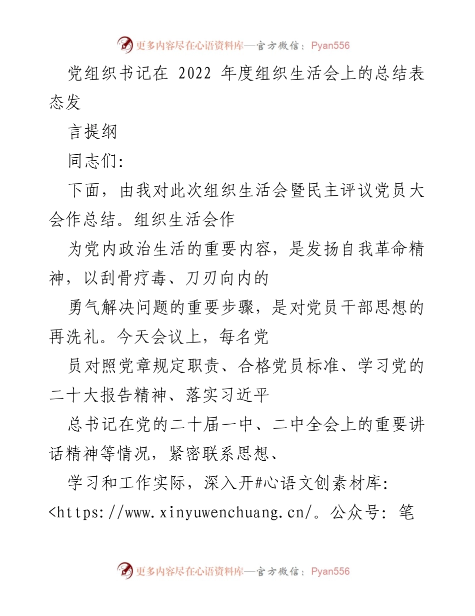 [发言] 组织生活会 - 2022年度组织生活会总结与整改措施强调.docx_第1页