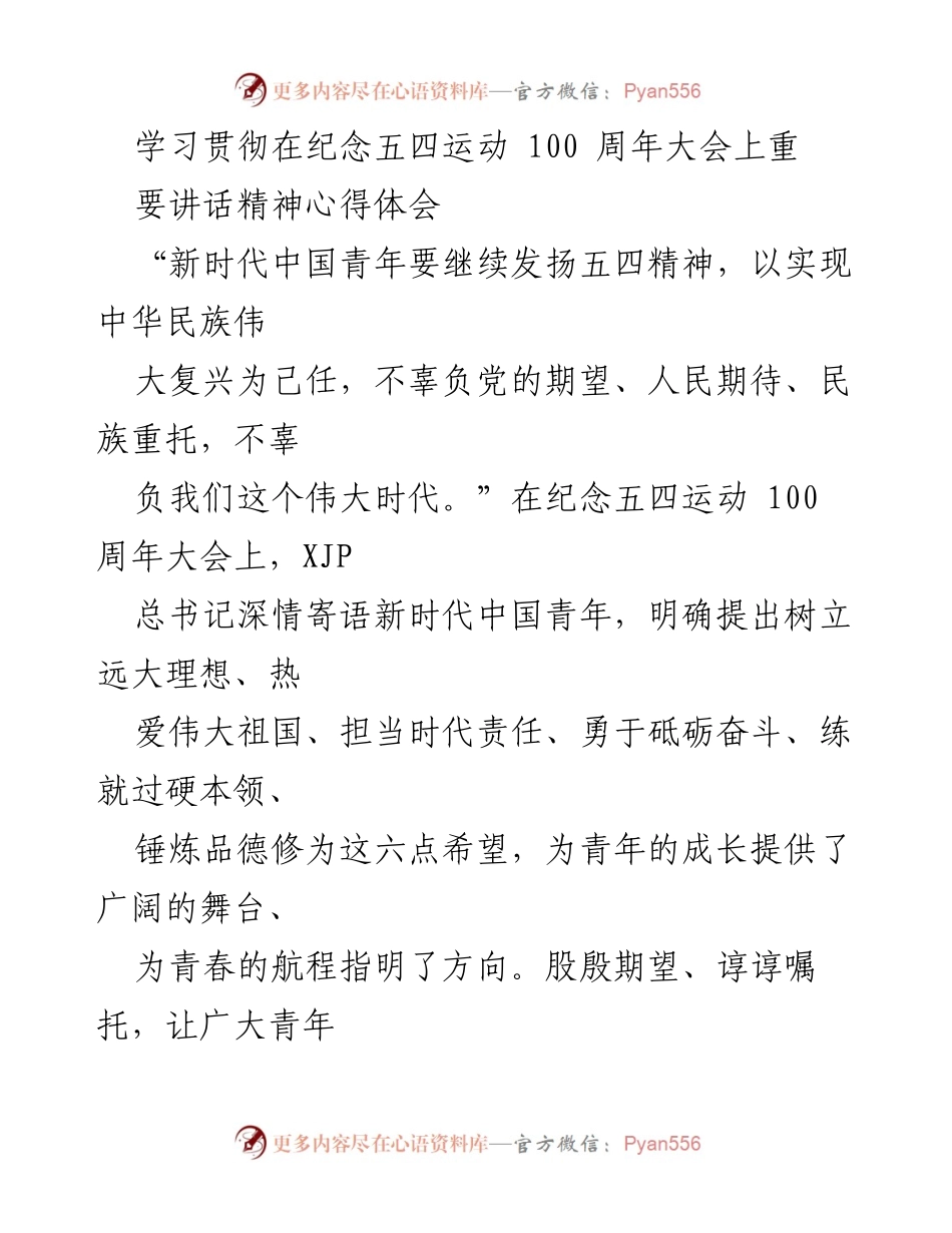 [发言] 纪念五四运动100周年大会 - 深刻理解新时代中国青年肩负的使命与责任.docx_第1页
