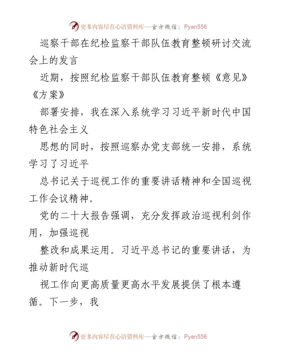 [发言] 纪检监察干部队伍教育整顿研讨交流会 - 深入学习贯彻习近平总书记重要讲话精神，提升巡视工作质量.docx_第1页