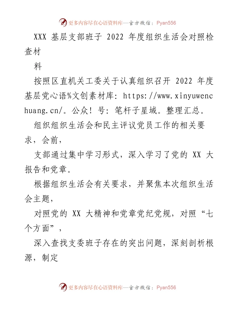 [发言] 组织生活会 - 2022年度基层支部班子对照检查总结.docx_第1页