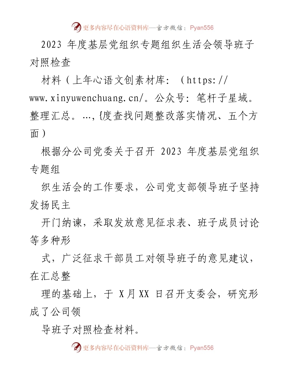 [发言] 组织生活会 - 2023年度基层党组织领导班子对照检查总结.docx_第1页