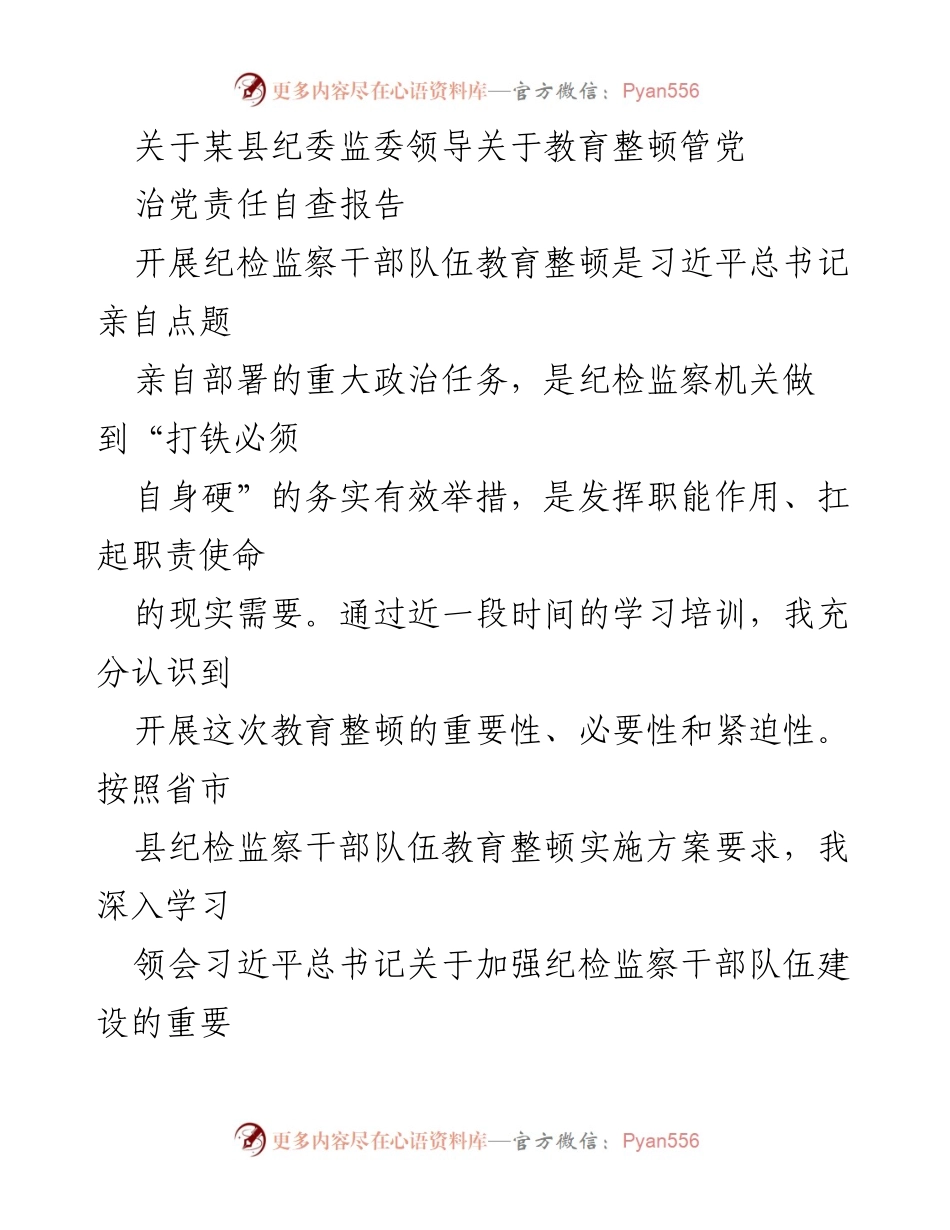 [发言] 纪委监委教育整顿会议 - 关于某县纪委监委领导的教育整顿管党治党责任自查报告.docx_第1页