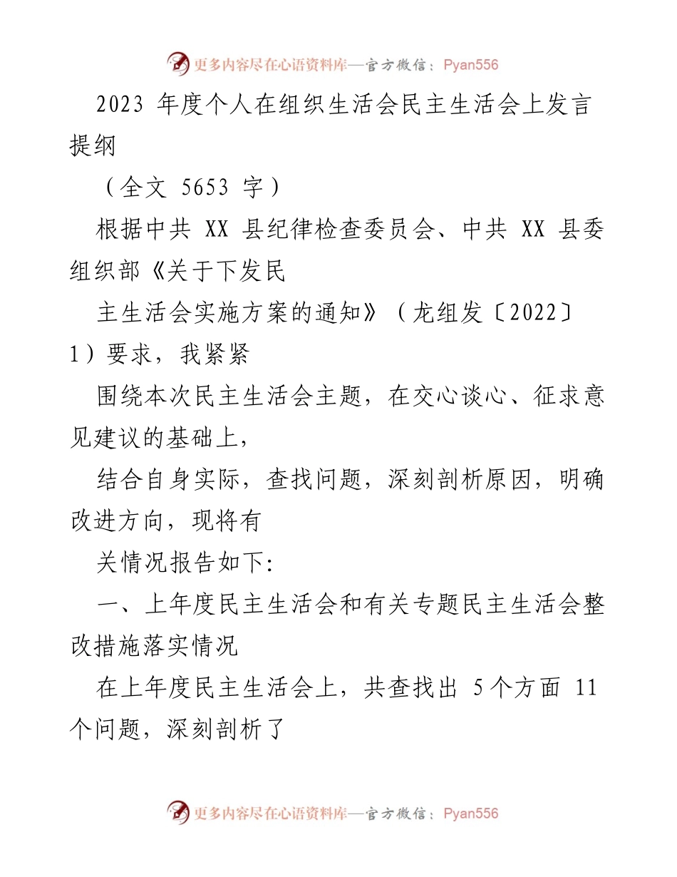 [发言] 组织生活会 - 2023年度个人发言提纲及整改措施总结.docx_第1页
