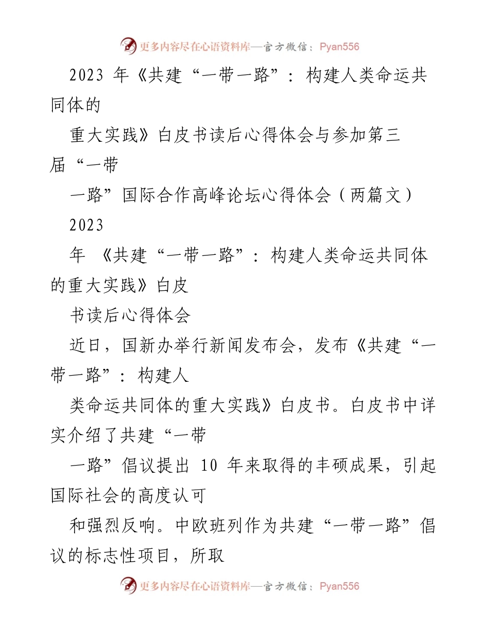 [发言] 第三届“一带一路”国际合作高峰论坛 - 中欧班列：共建“一带一路”的标志性成就与未来展望.docx_第1页