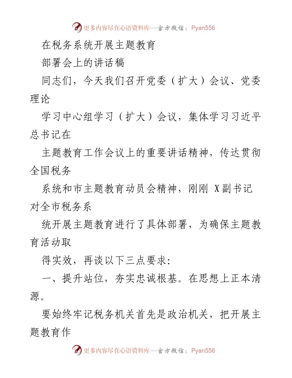 [发言] 税务系统主题教育部署会 - 提升政治站位，确保主题教育实效.docx_第1页