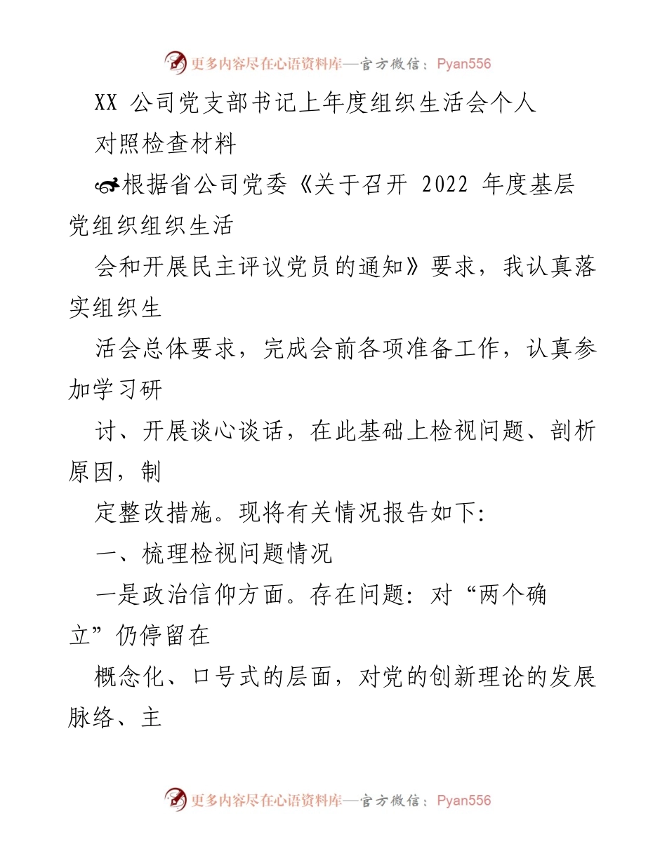 [发言] 组织生活会 - XX公司党支部书记年度对照检查材料分析.docx_第1页