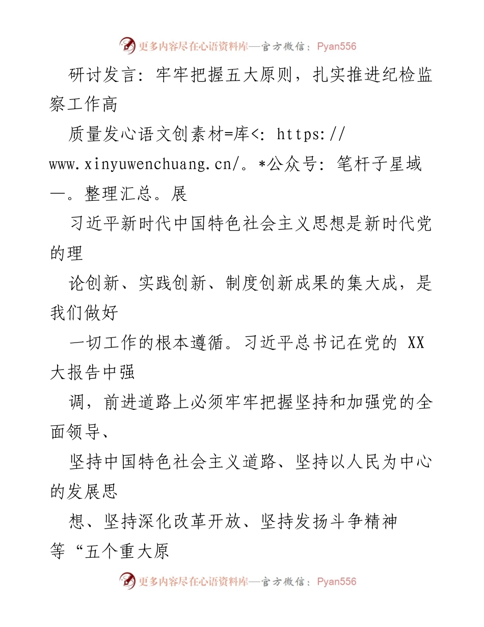 [发言] 纪检监察工作研讨会 - 牢牢把握五大原则，推进纪检监察工作高质量发展.docx_第1页