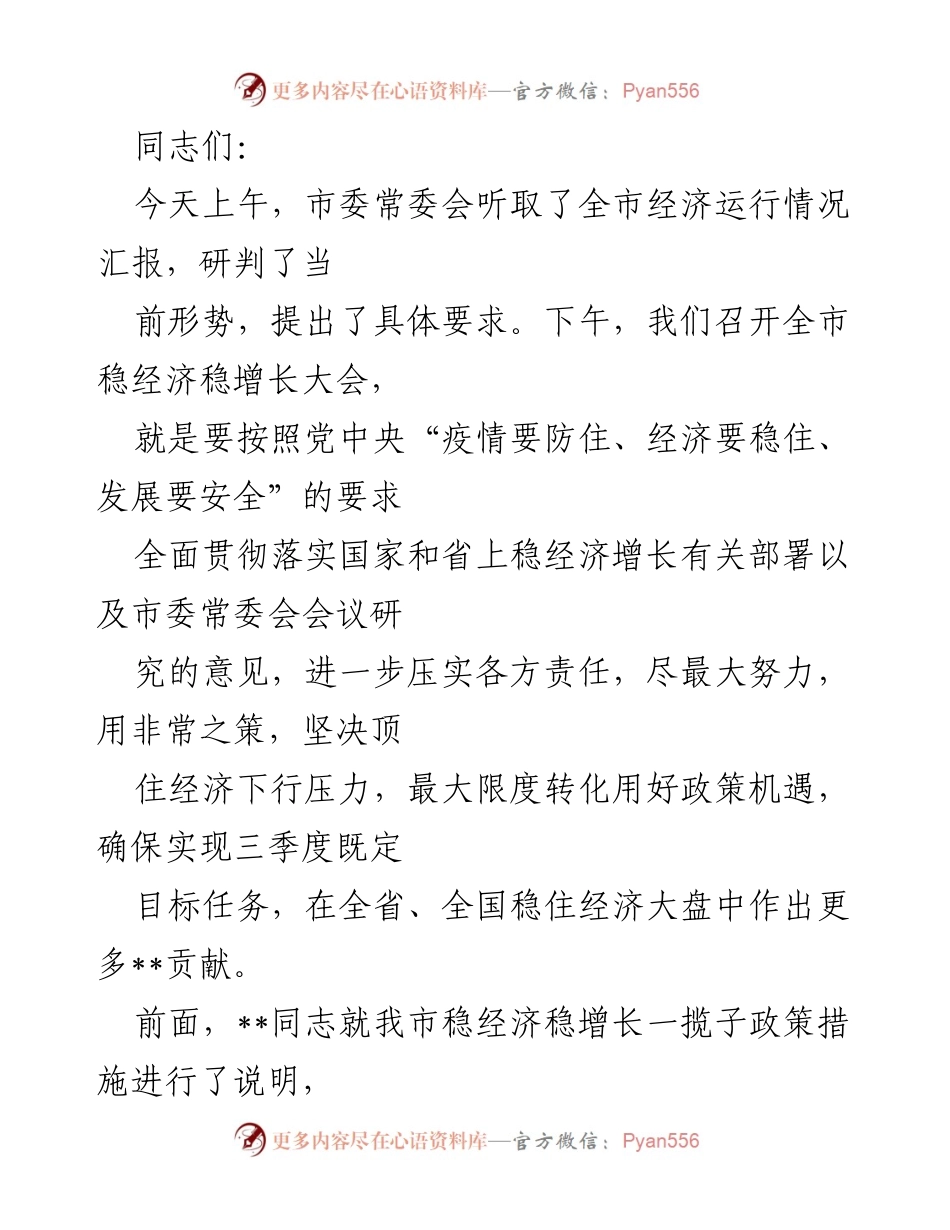 [发言] 稳经济稳增长大会 - 全市经济形势分析与政策落实动员讲话.docx_第1页