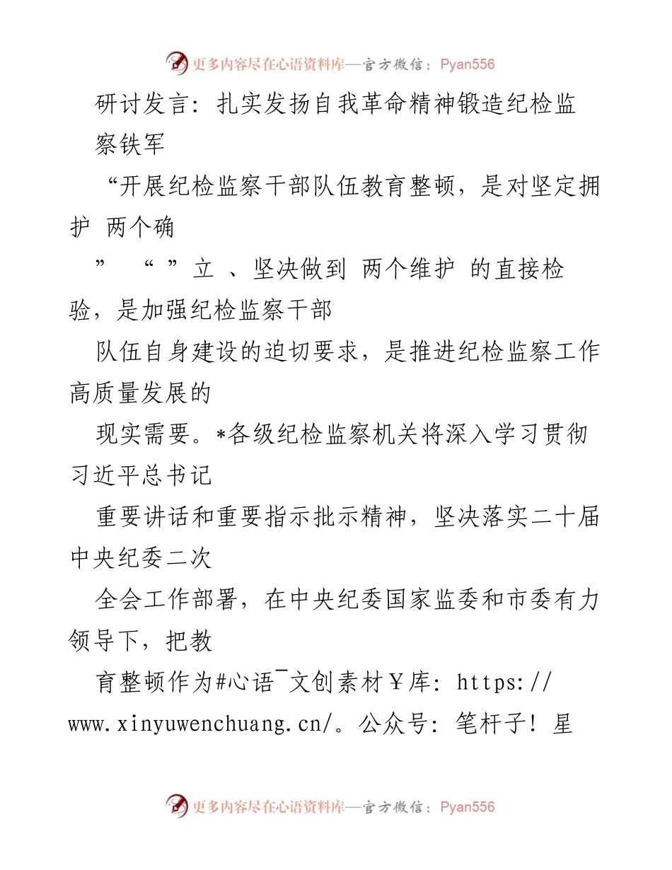[发言] 纪检监察干部教育整顿研讨会 - 扎实推进自我革命精神，锻造纪检监察铁军.docx_第1页