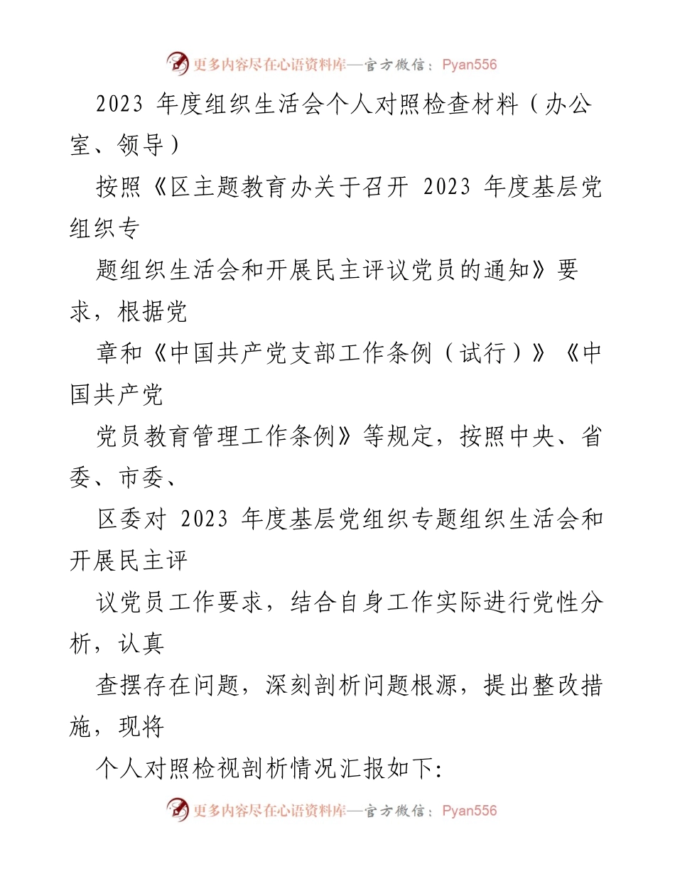[发言] 组织生活会 - 2023年度个人对照检查与整改措施总结.docx_第1页