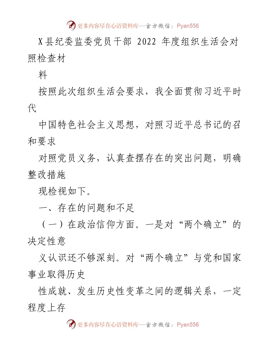 [发言] 组织生活会 - 2022年度党员干部对照检查与整改措施总结.docx_第1页