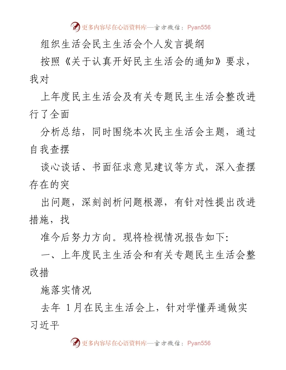 [发言] 组织生活会 - 民主生活会个人发言提纲与问题检视报告.docx_第1页