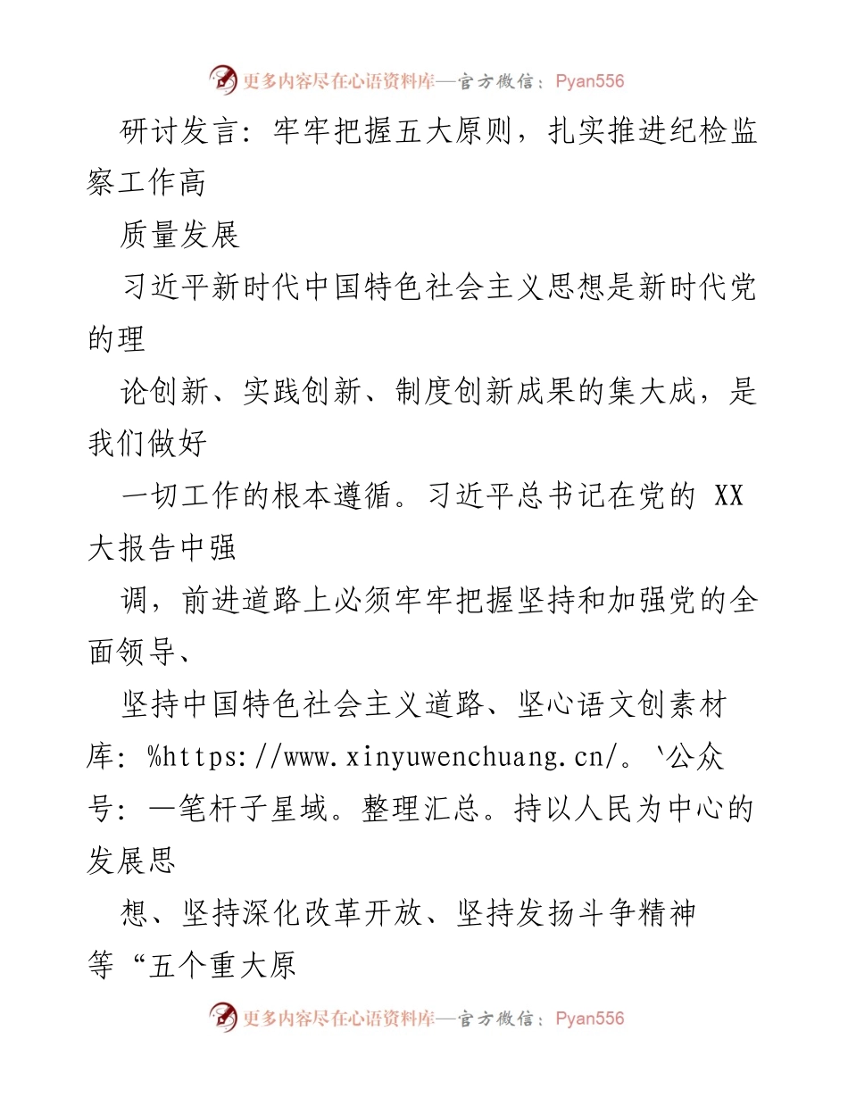 [发言] 纪检监察工作研讨会 - 牢牢把握“五个重大原则”，推动纪检监察工作高质量发展.docx_第1页