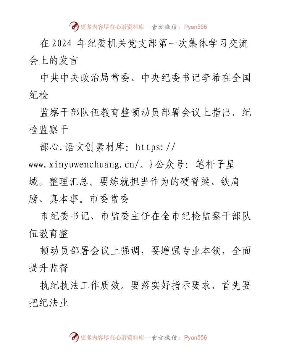 [发言] 纪委机关党支部第一次集体学习交流会 - 提升纪法素养，推动纪检监察工作高质量发展.docx_第1页