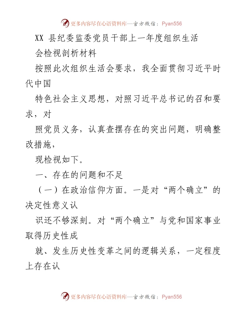 [发言] 组织生活会 - XX县纪委监委党员干部年度检视剖析材料.docx_第1页
