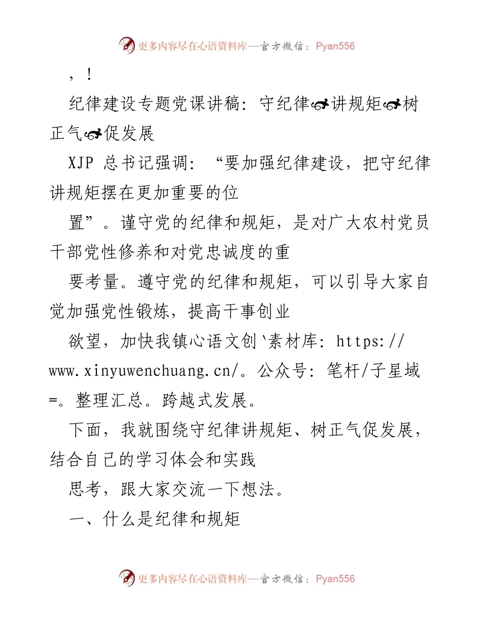 [发言] 纪律建设专题党课讲稿：守纪律、讲规矩、树正气、促发展.docx_第1页