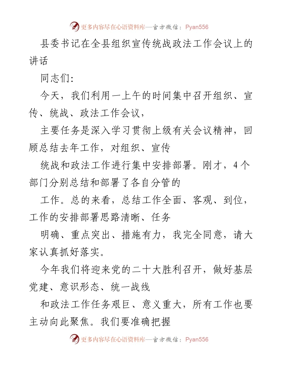 [发言] 组织宣传统战政法工作会议 - 加强组织宣传统战政法工作，为经济社会高质量发展提供保障.docx_第1页