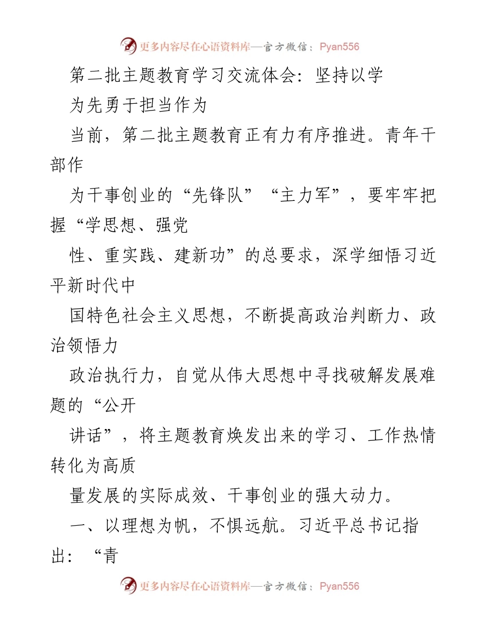 [发言] 第二批主题教育学习交流会 - 青年干部在主题教育中的担当与作为.docx_第1页