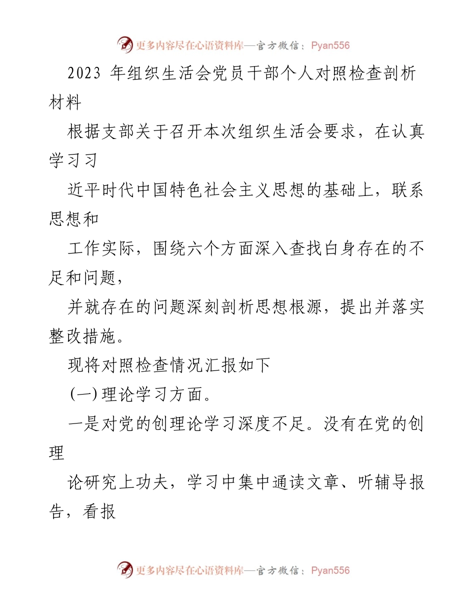 [发言] 组织生活会 - 2023年党员干部个人对照检查与整改措施剖析.docx_第1页