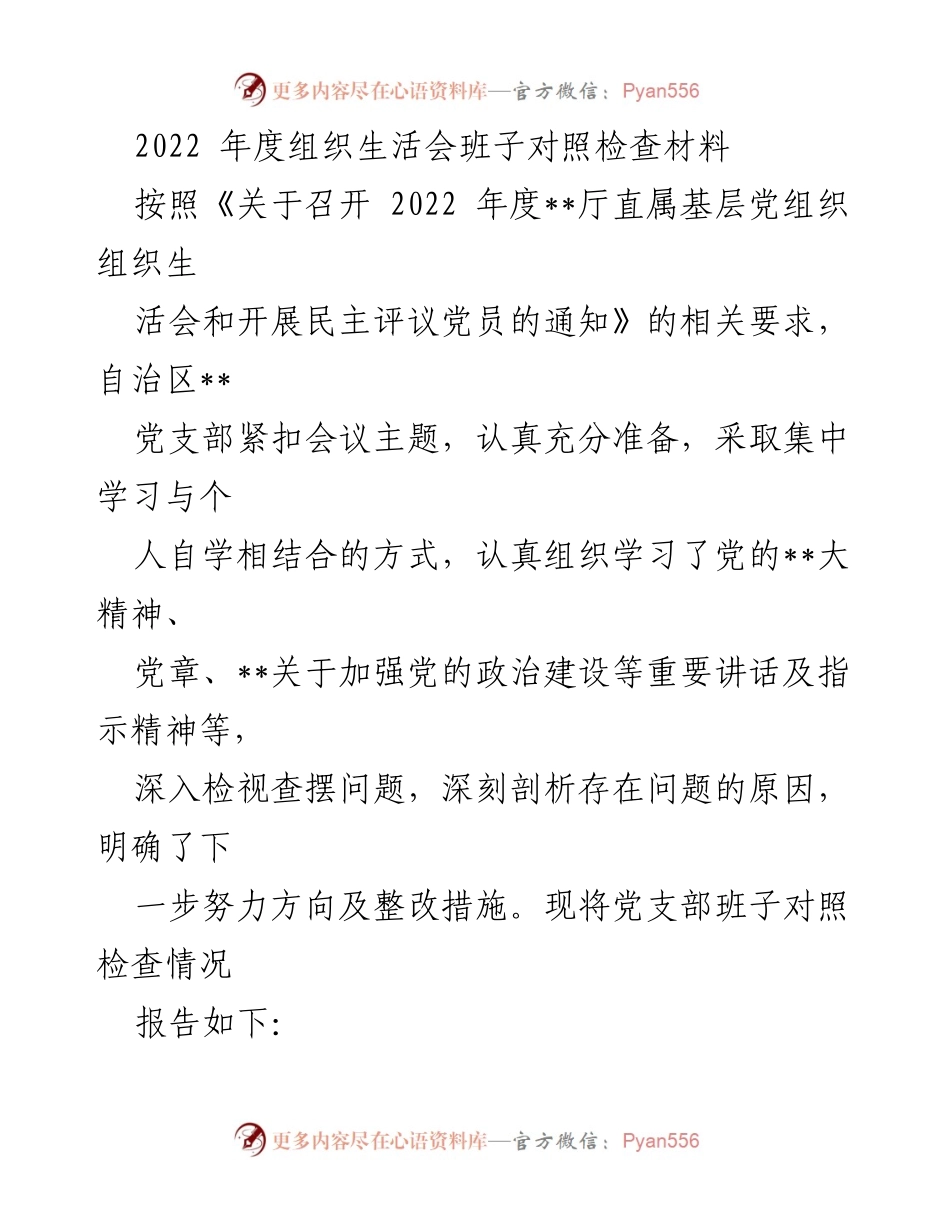 [发言] 组织生活会 - 2022年度党支部班子对照检查报告_2.docx_第1页