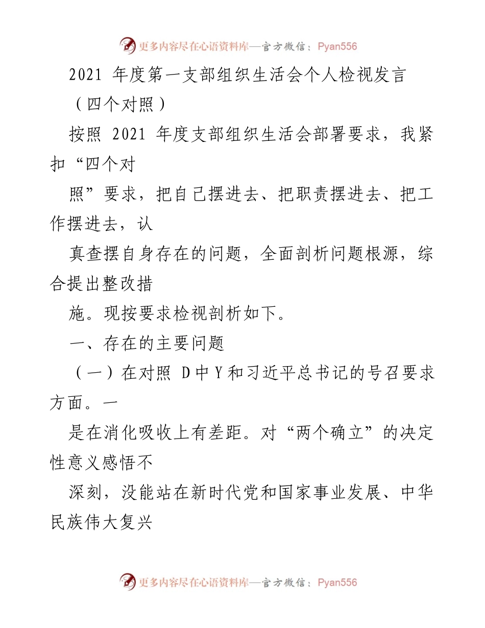 [发言] 组织生活会 - 2021年度第一支部组织生活会个人检视发言总结.docx_第1页