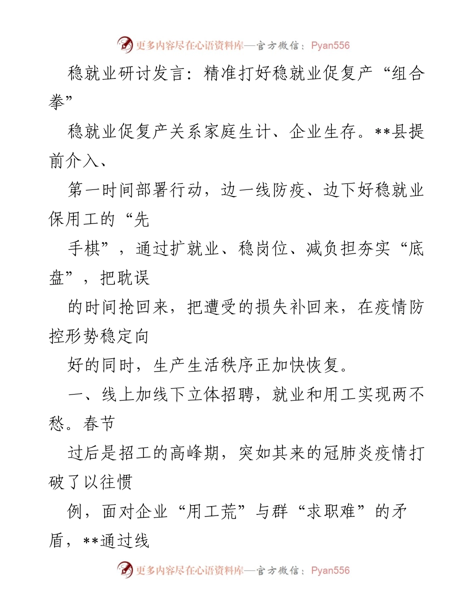 [发言] 稳就业研讨会 - 精准发力稳就业促复产的实效措施.docx_第1页