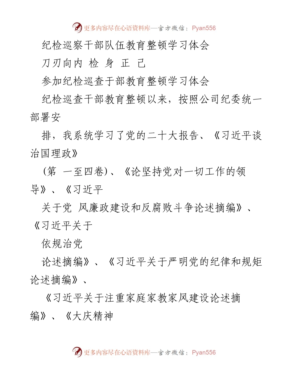 [发言] 纪检巡察干部教育整顿 - 深化思想认识，增强行动自觉：纪检巡察干部队伍教育整顿学习体会.docx_第1页