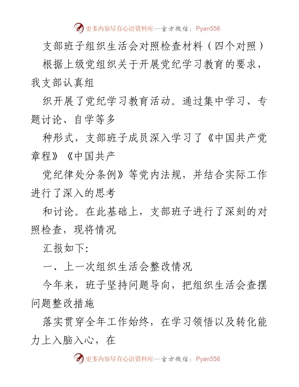 [发言] 组织生活会 - 支部班子对照检查材料及整改情况总结.docx_第1页