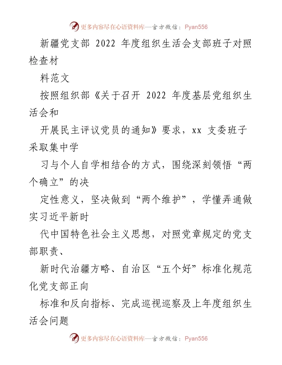 [发言] 组织生活会 - 新疆党支部2022年度组织生活会支部班子对照检查总结.docx_第1页