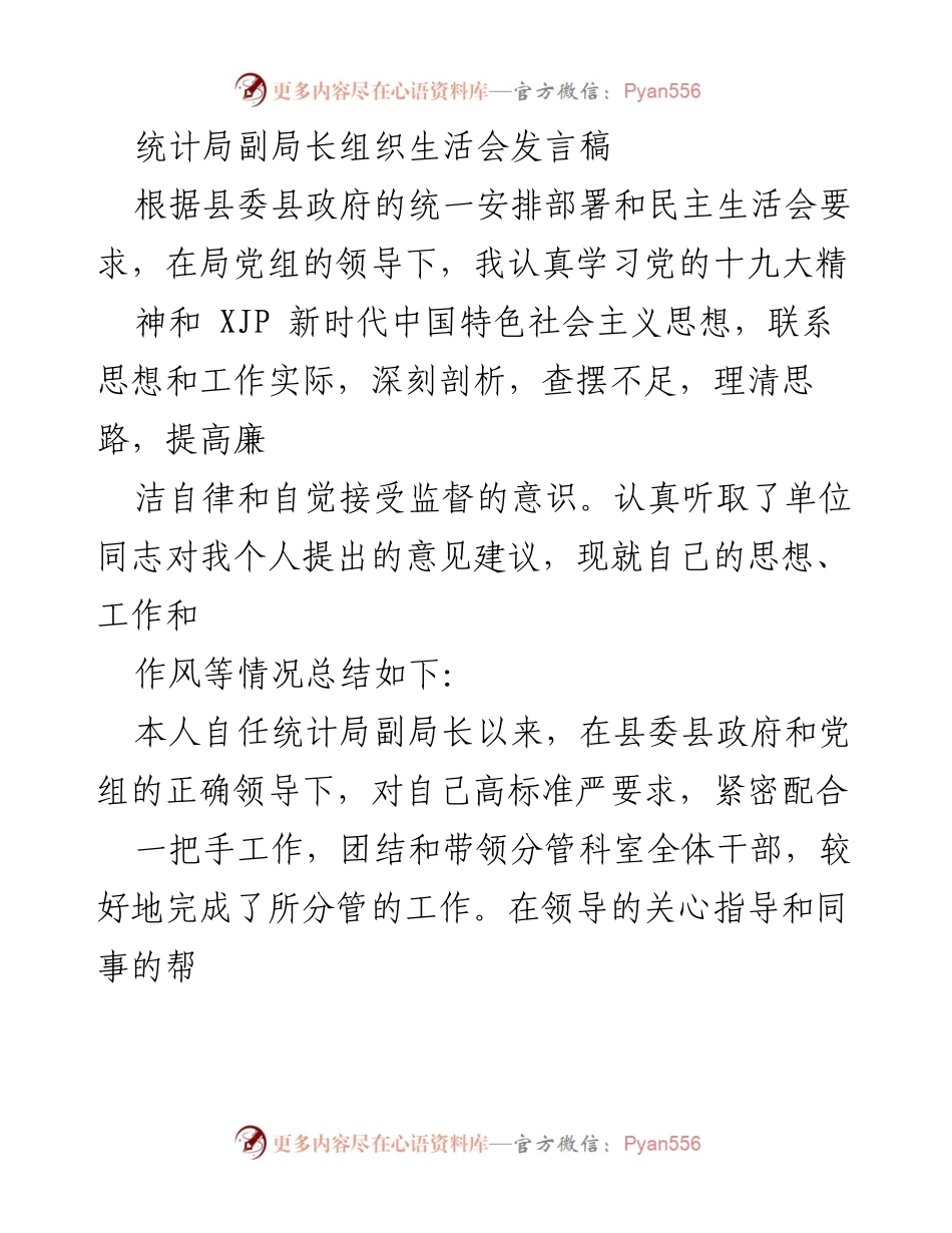 [发言] 组织生活会 - 统计局副局长的自我剖析与改进建议.docx_第1页