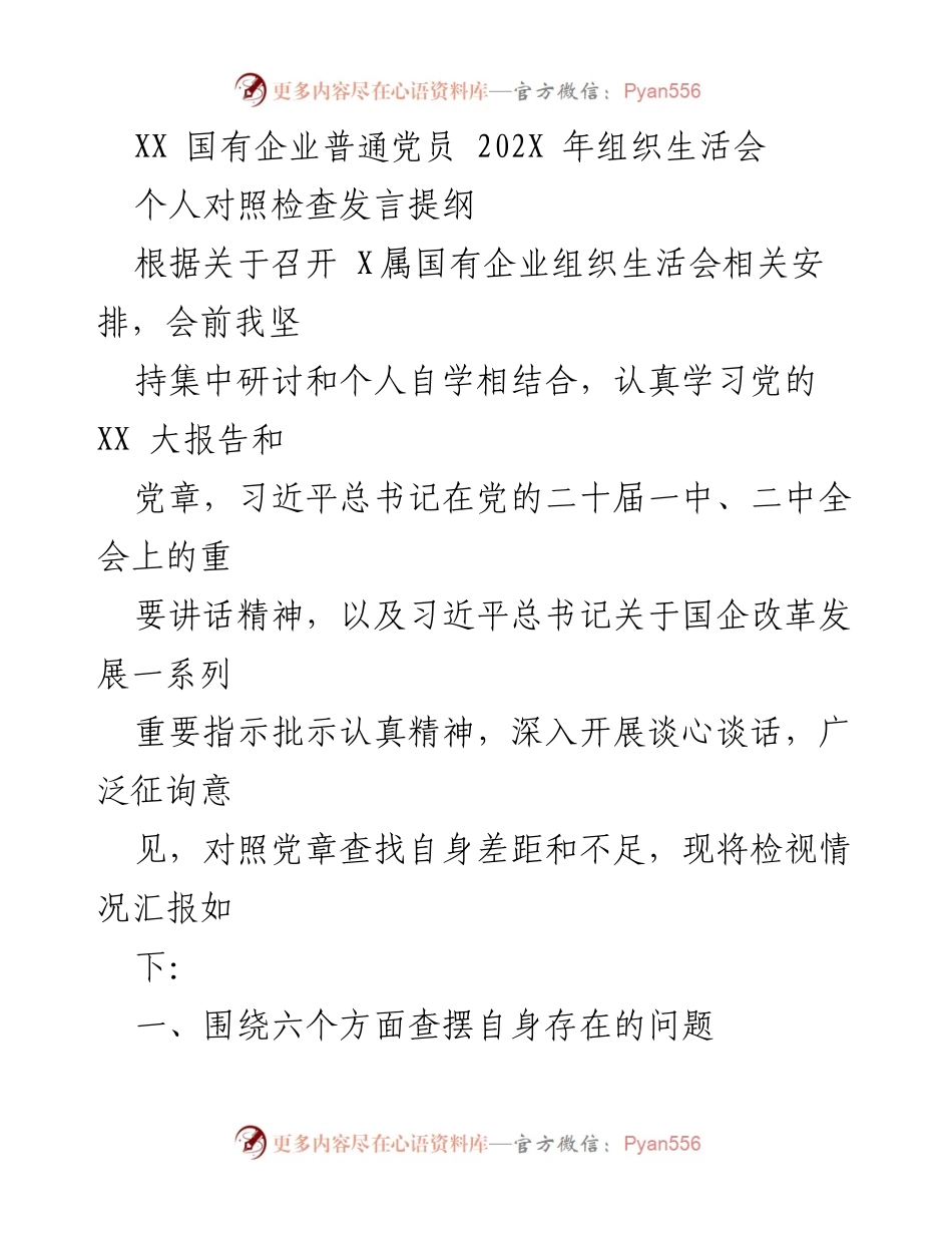 [发言] 组织生活会 - 202X年国有企业党员个人对照检查发言提纲.docx_第1页