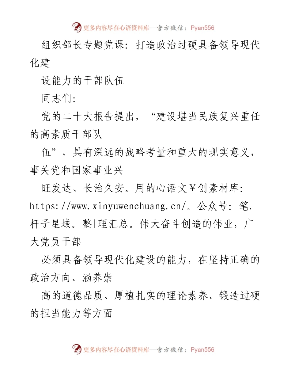 [发言] 组织部长专题党课 - 打造高素质干部队伍，提升现代化建设能力.docx_第1页