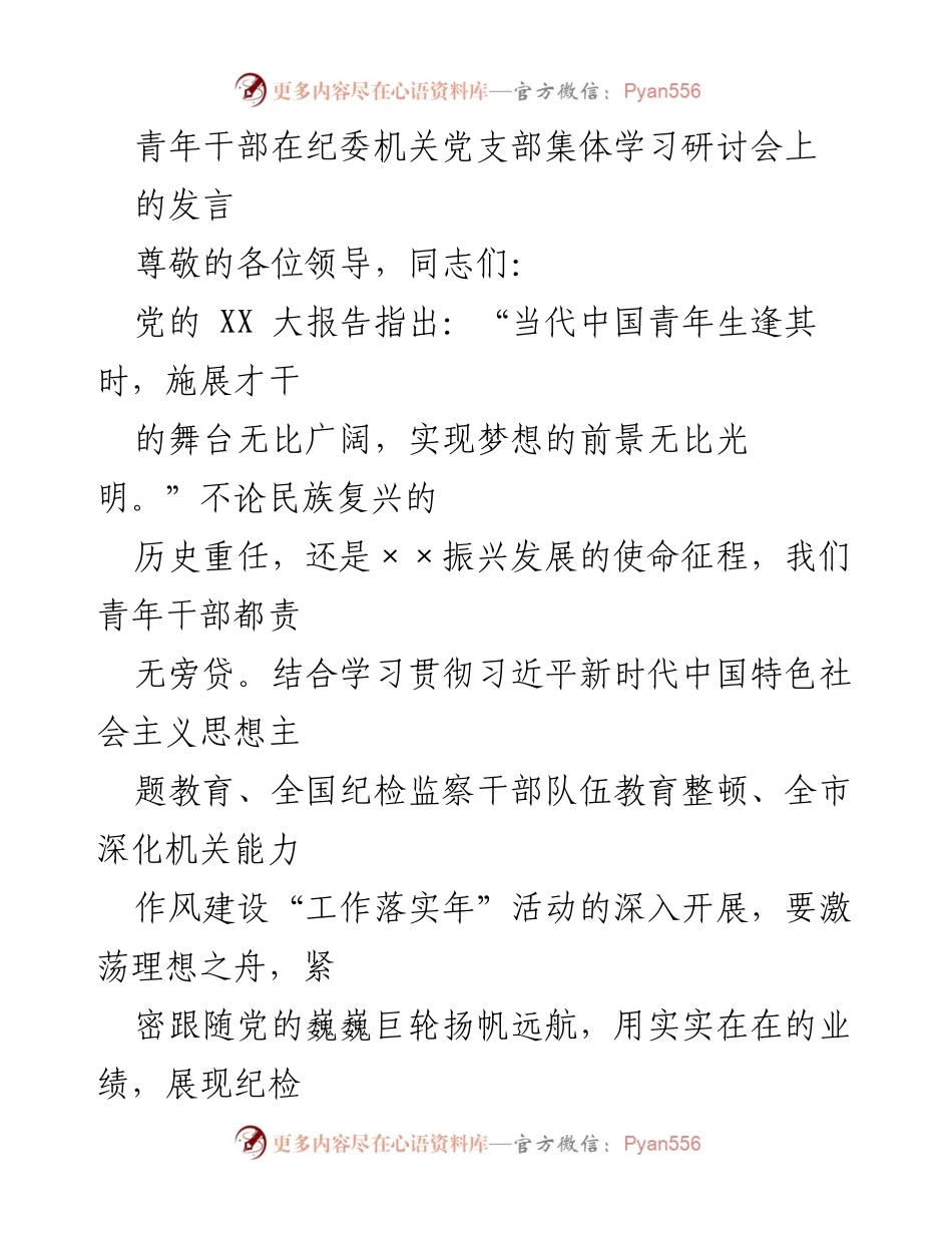 [发言] 纪委机关党支部集体学习研讨会 - 青年干部的责任与担当_1.docx_第1页