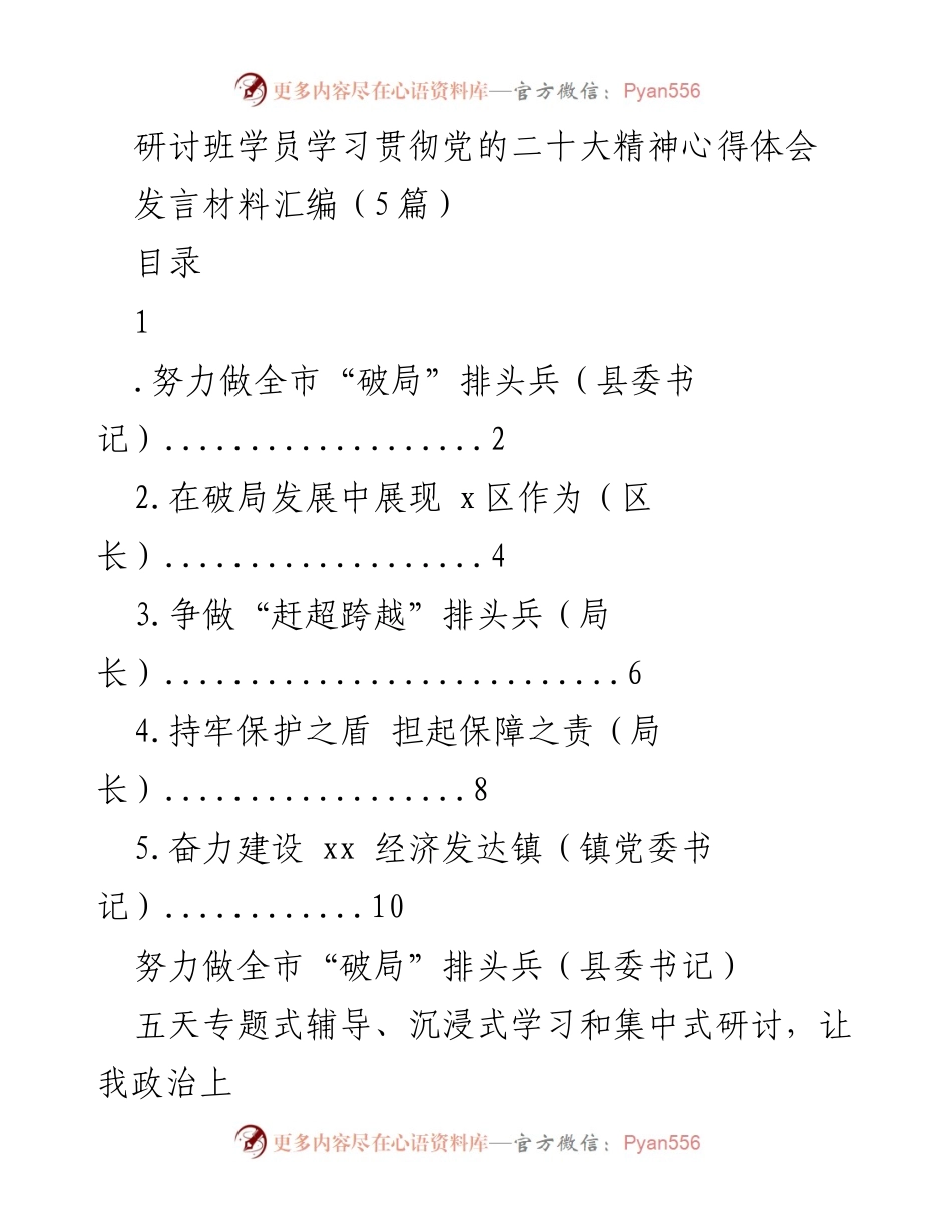 [发言] 研讨班 - 深入学习贯彻党的二十大精神，努力做全市“破局”排头兵.docx_第1页