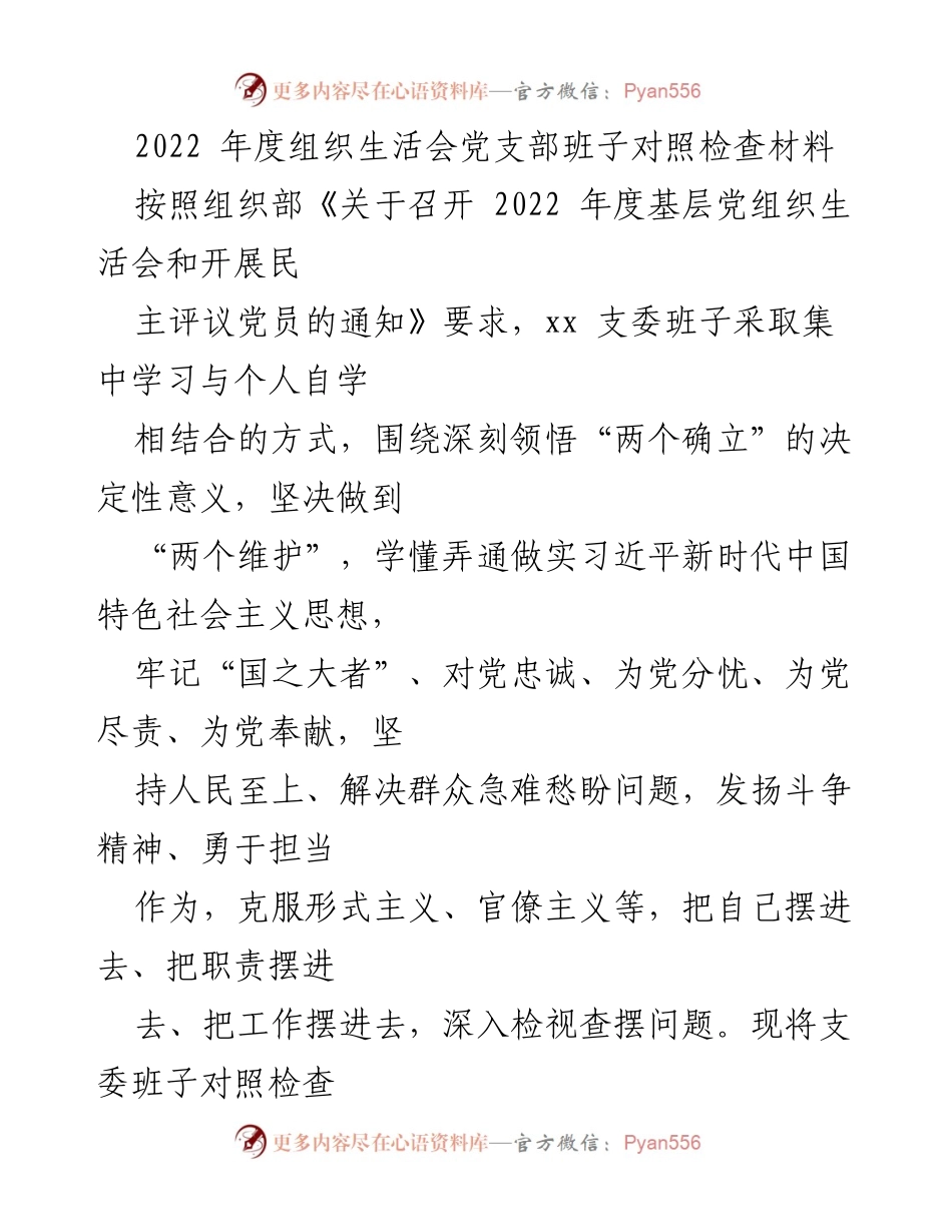 [发言] 组织生活会 - 2022年度党支部班子对照检查情况报告.docx_第1页