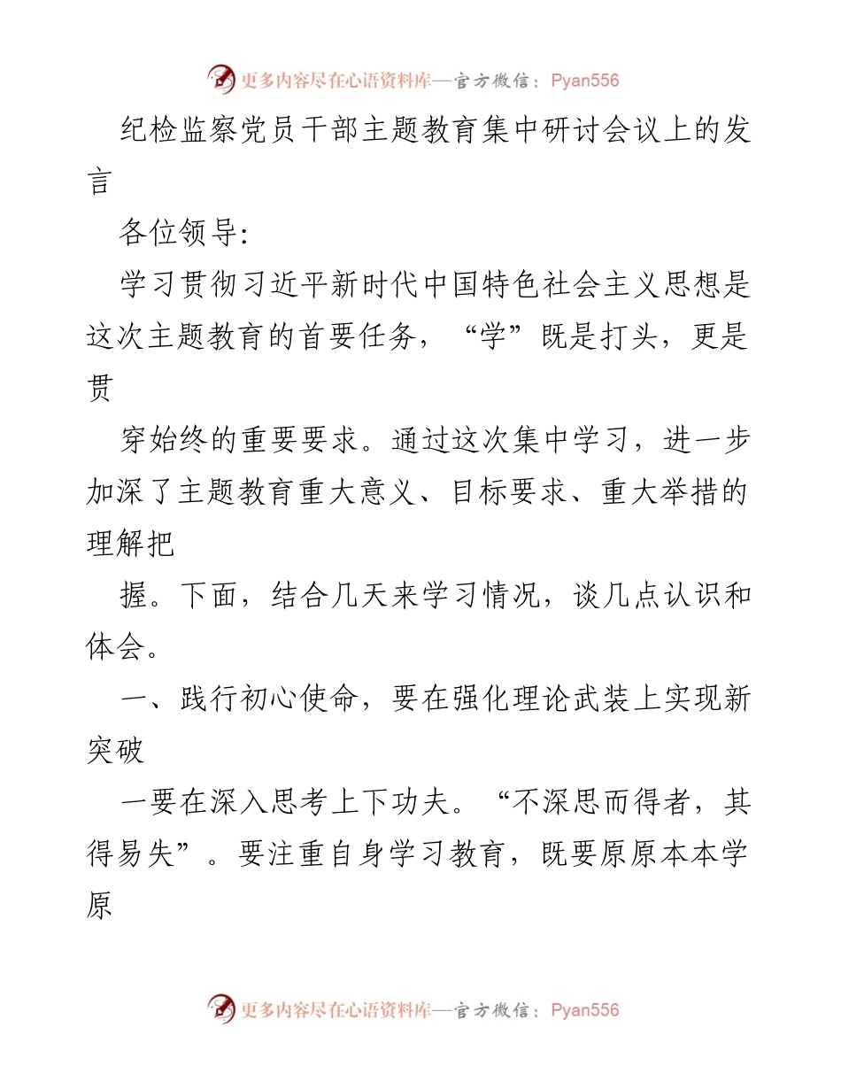 [发言] 纪检监察党员干部主题教育集中研讨会议 - 深化理论学习，践行初心使命.docx_第1页