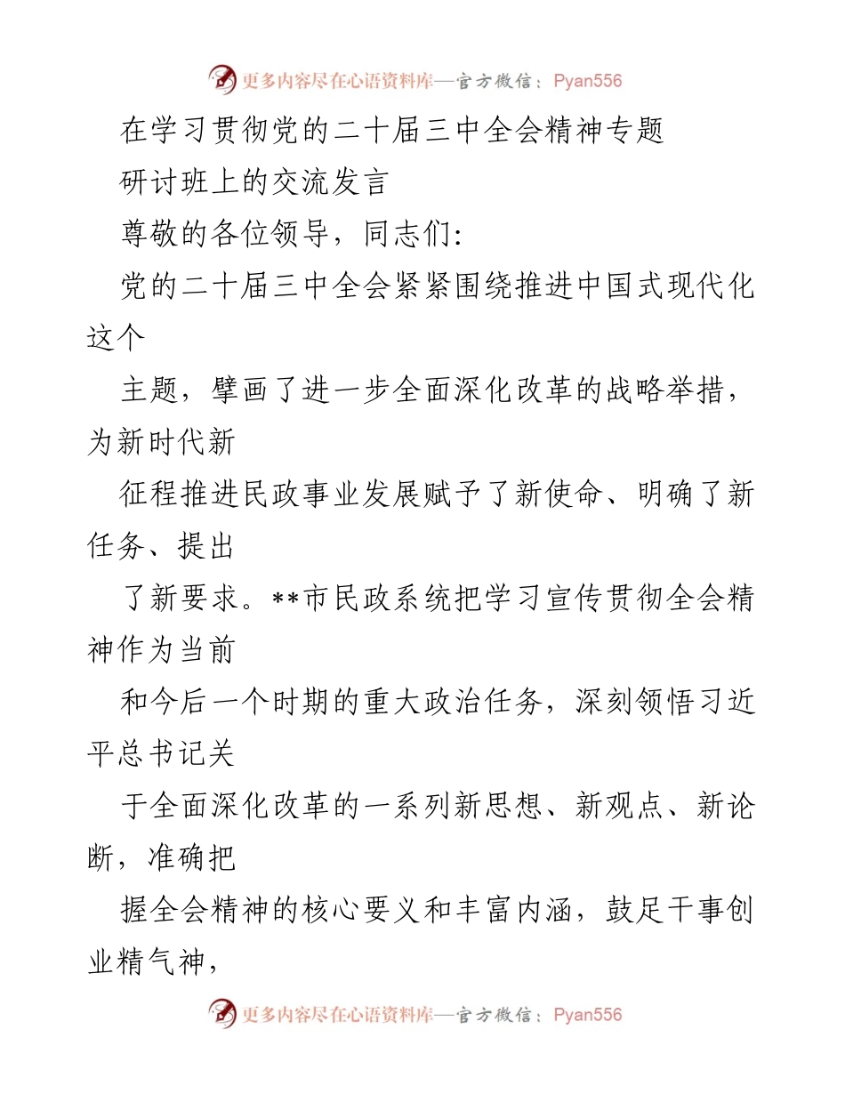 [发言] 研讨班 - 深入学习贯彻党的二十届三中全会精神，推动民政事业高质量发展.docx_第1页