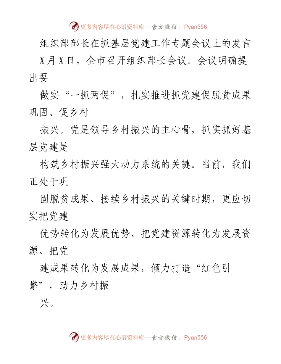 [发言] 组织部长会议 - 加强基层党建，助力乡村振兴.docx_第1页