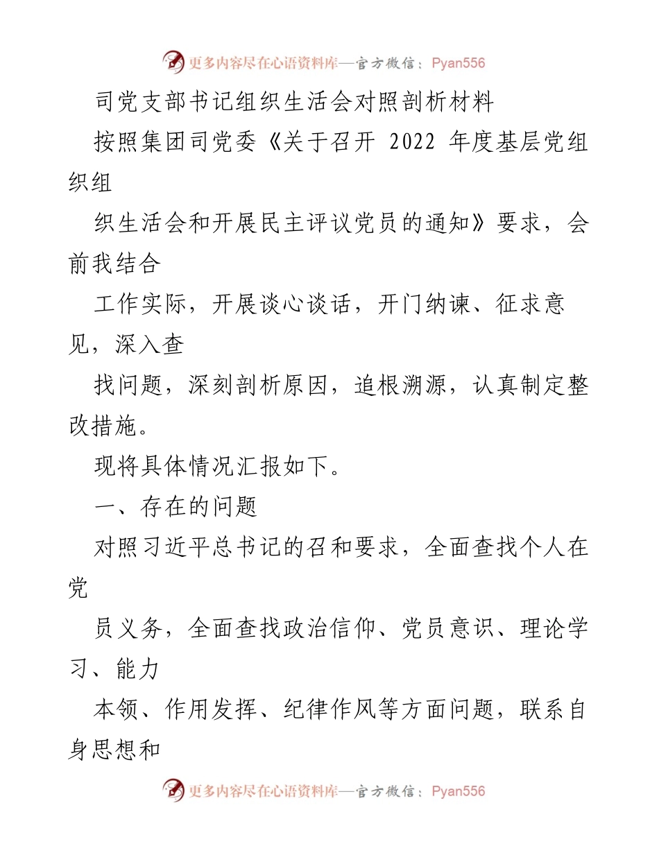 [发言] 组织生活会 - 党支部书记组织生活会对照剖析与整改措施汇报.docx_第1页