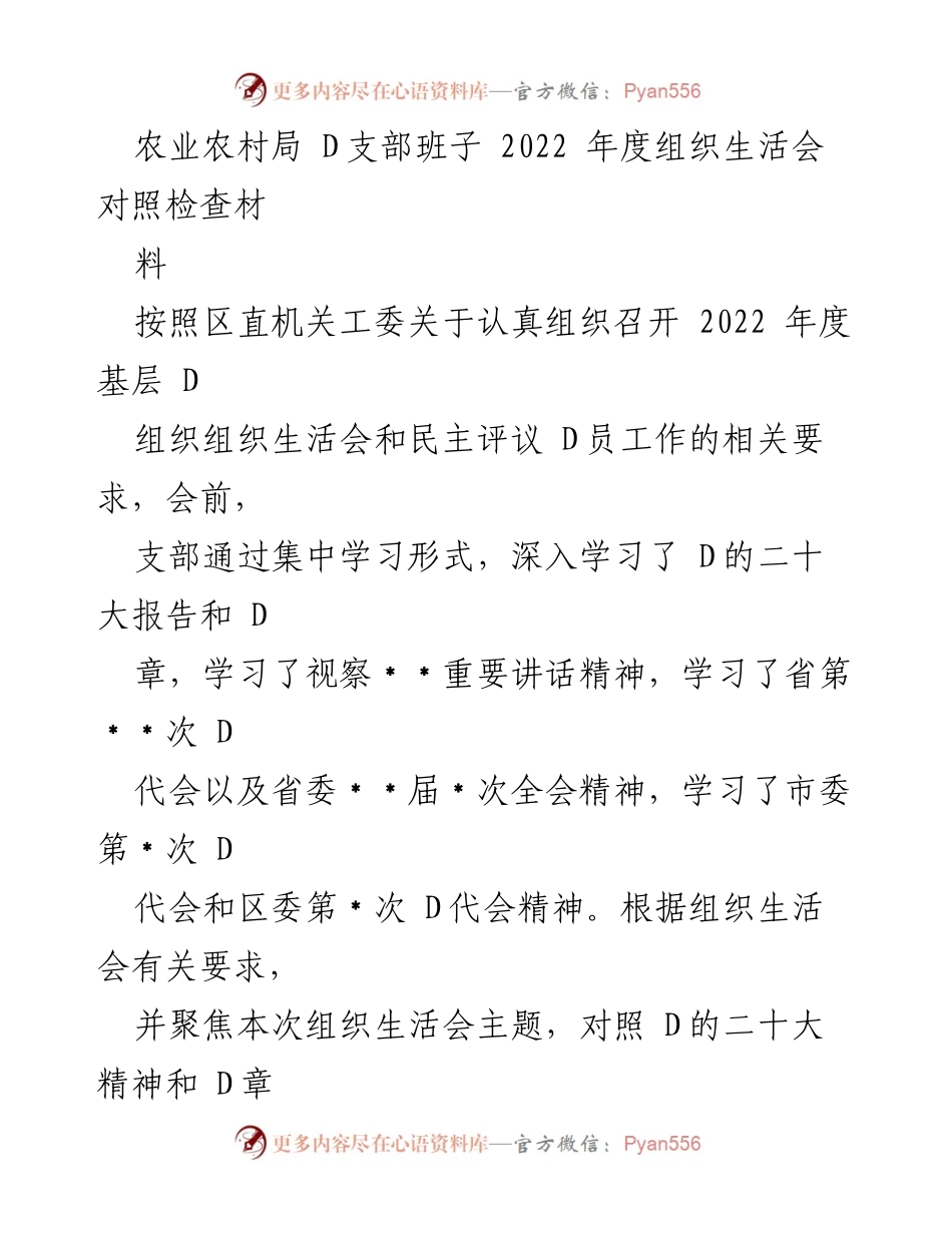 [发言] 组织生活会 - 2022年度D支部班子对照检查汇报.docx_第1页