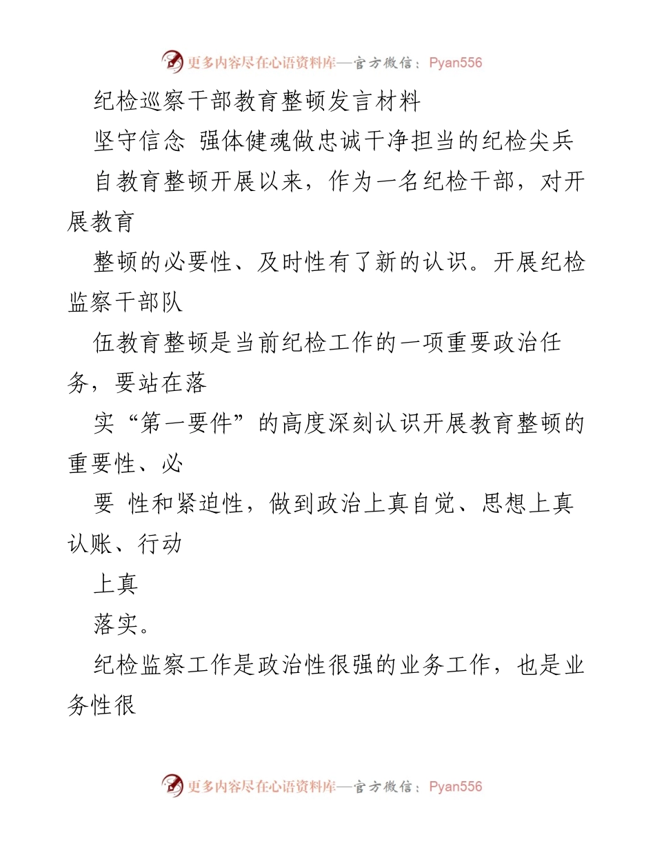 [发言] 纪检巡察干部教育整顿 - 坚守信念，做忠诚干净担当的纪检尖兵.docx_第1页