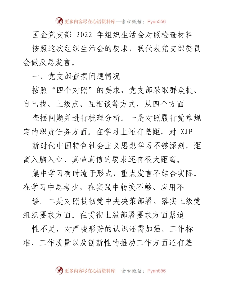 [发言] 组织生活会 - 国企党支部2022年组织生活会问题反思发言材料.docx_第1页