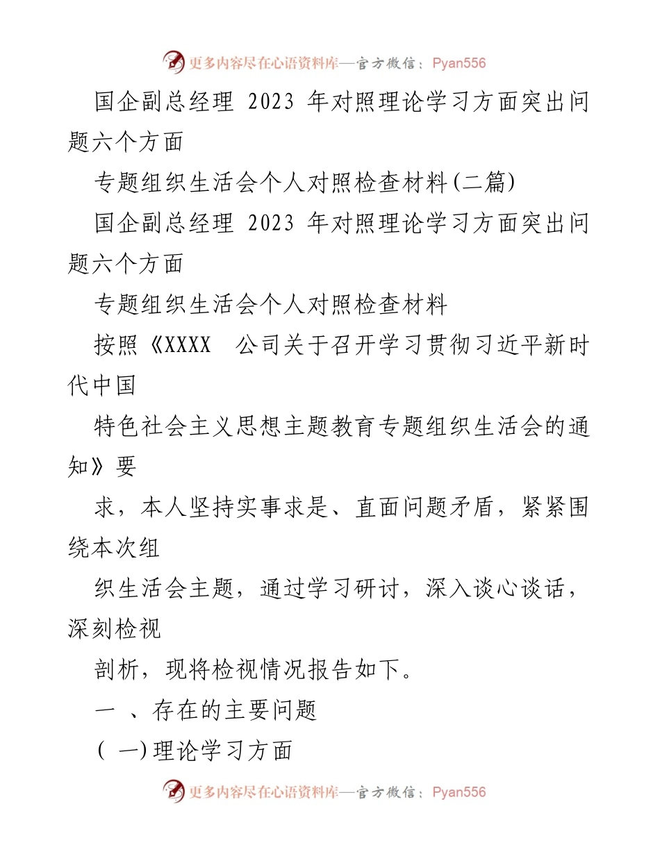 [发言] 组织生活会 - 国企副总经理2023年对照检查材料：理论学习与能力提升问题分析.docx_第1页