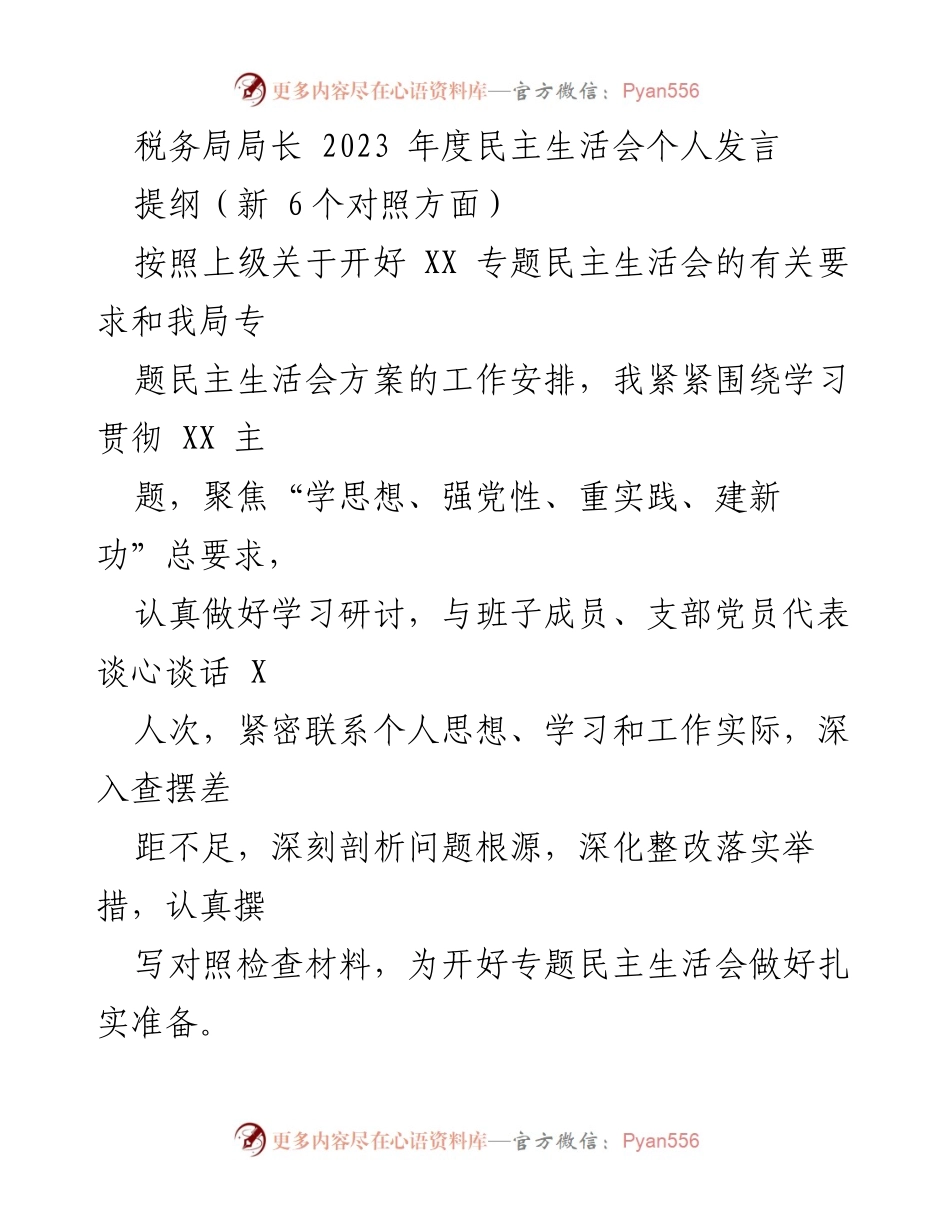 [发言] 税务局年度民主生活会 - 税务局局长2023年度民主生活会个人发言总结.docx_第1页