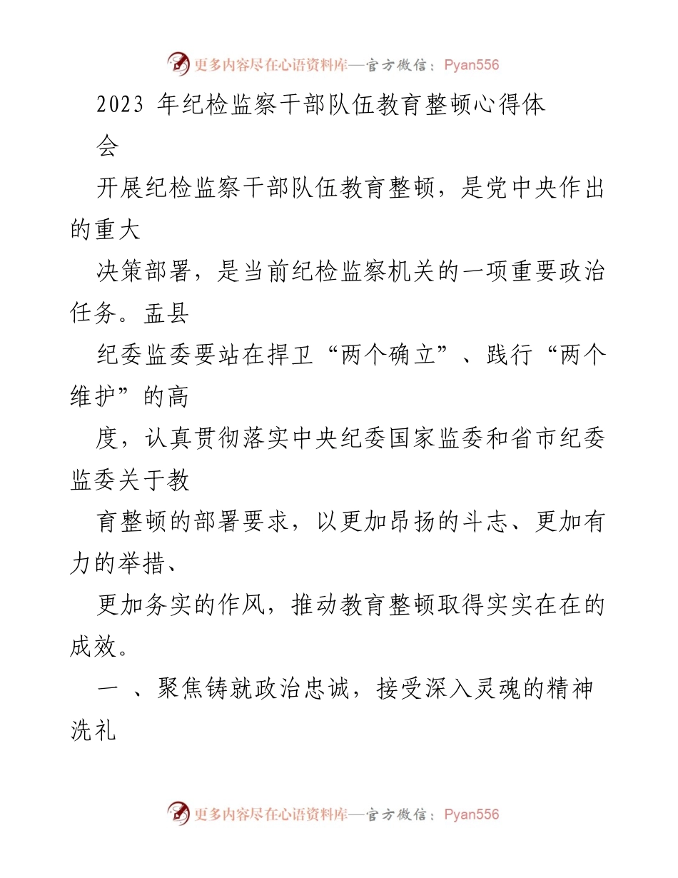 [发言] 纪检监察干部教育整顿心得体会 - 深入推进纪检监察干部教育整顿，铸就政治忠诚与清廉自律.docx_第1页